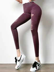 Pakaian Aktif Gym Celana Yoga Tanpa Kelim Pinggang Tinggi Legging Atletik Wanita Robek Kebugaran