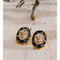 Anting Oval Baja Anti Karat Berlapis Emas PVD JINYOU 5672, Anting Tusuk Motif Mawar Emas dengan Enamel Hitam