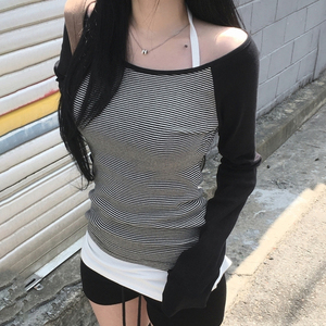Camiseta de Manga Larga con Cuello Redondo, Tejida, a Rayas, Estilo Retro, Ecológica, para Mujer, Estilo Urbano, Sexy, Informal, para Otoño - Product Image 4