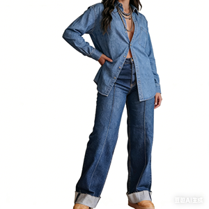 Jean large pour femme en denim bleu clair, coupe droite décontractée avec ourlet retroussé, tendance - Product Image 3