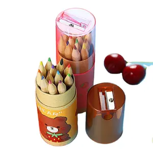 Perlengkapan pensil warna mini 12 buah, pensil warna dengan tabung kertas lucu menggambar untuk anak-anak