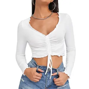 Wholesale 2024 Women's Clothing Custom V-Neck Ladies Top Shirt Custom Cotton Long Sleeve Sexy Crop Top With Drawstring