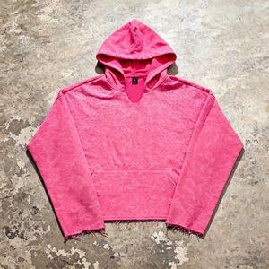 Sudadera con Capucha Corta para Mujer, Nueva Colección 2026, con Apliques de Pedrería Personalizados, Lavado Vintage, Dobladillo Deshilachado, 100% Algodón, Oversize, Color Rosa - Product Image 1