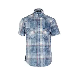 Factory supplier different kinds of summer casual short sleeve yarn dyed denim stylish pure plaid shirt cotton