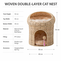 YAOYUE Nid pour chat tressé double couche en rotin naturel et herbe de gourde, avec coussins en coton PP et jouet boule suspendue, nettoyage facile