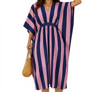 Striped Collared Neck Knee-Length Loungewear <b>Dress</b> for Women Soft Loose Fit Summer Casual Wear <b>Elastic</b> Waist Crepe Anti-Wrinkle - Product Image 1