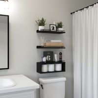 Juego de 3 Estantes Flotantes Negros para Pared con Toallero, Estantes de Almacenamiento Rústicos de Madera para Baño