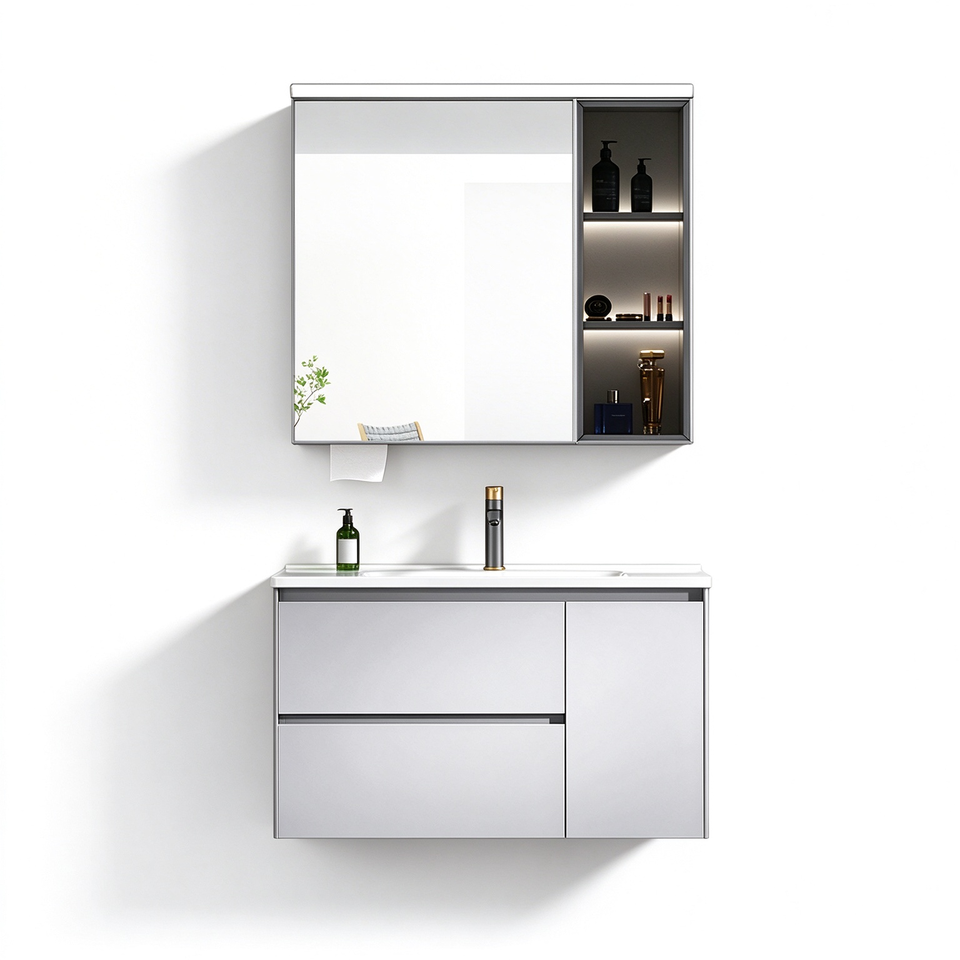 Minimalist Aluminum Bathroom Vanity with Smart Mirror & Ceramic Basin ...
