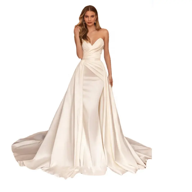 Elegant Women's Strapless Satin Simple Wedding Dresses Women Bridal Sweetheart Formal Evening Prom Gown with Detachable Train