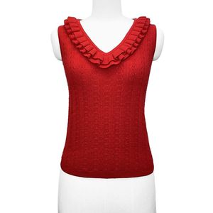 Women's Red Knitted Sleeveless Tank <b>Top</b> With Ruffled Collar Casual Style - Product Image 1