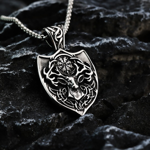 Men's Stainless Steel Pendant <b>Necklace</b> Shield Shape Deer Head Viking <b>Compass</b> Design Gift Jewelry - Product Image 2