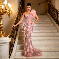 Robe de bal asymétrique longue à une épaule ornée de plumes et de perles, avec sequins, pour femme, idéale pour les anniversaires et les soirées en boîte de nuit