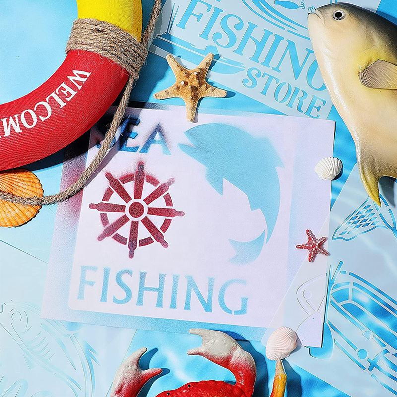 12 Pieces Fishing Pattern DIY Templates Reusable Fish Theme Plastic Stencils for painting on wood