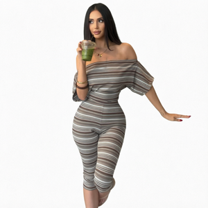 Striped Two Piece Pants <b>Set</b> Off Shoulder <b>Short</b> Three Quarter Sleeve Crop <b>Top</b> <b>and</b> Knee Length Leggings for Summer - Product Image 1