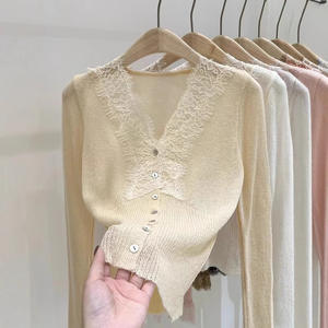 Suéter Cárdigan de <span class=keywords><strong>Mujer</strong></span> Estilo Coreano con Cuello en V, Manga Larga, Ligeramente <span class=keywords><strong>Transparente</strong></span>, para Otoño, Modelo 011 - Product Image 5