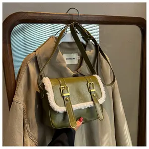 2024 New Custom Women's Fashion Lambhair Handbags Wholesale Lady Leather Retro Square 1 Shoulder Crossbody Messenger Post Bag