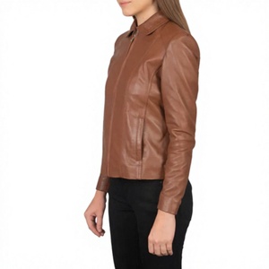 <b>Women's</b> Genuine <b>Leather</b> <b>Bomber</b> <b>Jacket</b> Stand Collar Full Sleeve Zipper Closure Solid Color Winter Knitted - Product Image 3