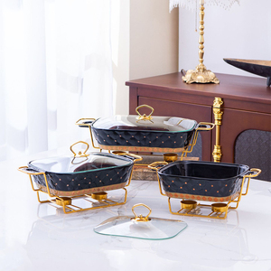 สีชมพูสีขาวสีเขียวเซรามิคอาหารกระทะ Chafing จานหม้อชุดจาน Chafing เครื่องลายครามสําหรับบุฟเฟ่ต์พร้อมขาตั้งสีทอง - Product Image 5