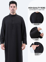 Qamis noir pour hommes musulmans, à manches longues et col montant, Jubbah, vêtement traditionnel saoudien, robe caftan boutonnée