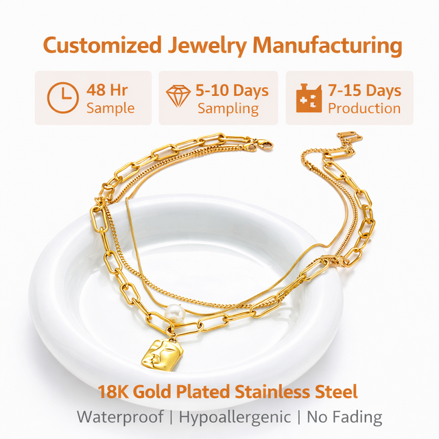 OEM ODM Custom Stainless Steel Necklace 18K Gold Plated Waterproof Non Tarnish Pearl Diamond Gemstone Fashion Jewelry Unisex