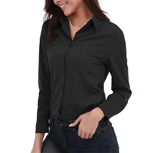 女式纽扣羽绒衬衫加大码长袖纯色工作服简单弹力正式休闲衬衫衬衫
