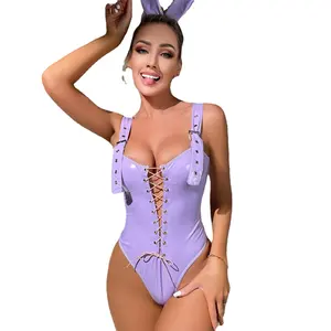 Fairy Violet Faux PU One Piece Bodysuit Front Purple Lace Up Cut Out Teddy with Hairband Cosplay Lingerie