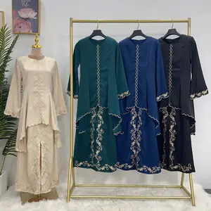 Conjunto de vestido bordado elegante para mulheres com gola redonda, modesto Khimar Hijab e Malaio Abaya feito de poliéster para adultos, Oriente Médio