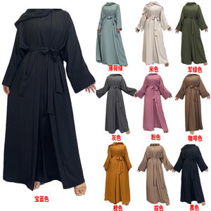 Vente en gros Ensemble deux pièces pour femmes élégante couleur unie robe ceinture Eid Abaya Dubaï Turquie caftan vêtements islamiques en polyester - Product Image 2