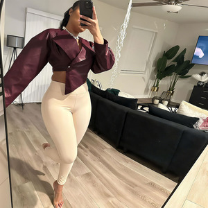2025 à la mode livraison directe Usa taille en <span class=keywords><strong>cuir</strong></span> Pu femmes manteaux haut court Cool fille vestes élégant décontracté en <span class=keywords><strong>cuir</strong></span> PU vin <span class=keywords><strong>rouge</strong></span> revers - Product Image 3