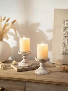 Rustic Wood Candle Holder Set of 2 Round Pillar Stand Natural Wooden <b>Candlestick</b> Decorative Tabletop Home Decoration - Product Image 2