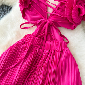 Abito Sexy da Donna con Vita Scavata, Scollo a V, Bordo Ondulato e Plissettato, Vestito da Spiaggia per le Vacanze - Product Image 5