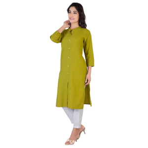 Women Cotton A Line <b>Kurti</b> Solid Green Mandarin Collar Casual Ethnic Kurta Daily Wear Long Top <b>Kurti</b> For Sale - Product Image 5