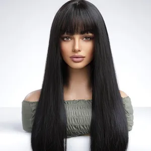 Professional Supply Exporters Human Hair Wigs With Bangs Natural Black Color 13*4 Straight Lace Frontal Wig For Christmas Gift