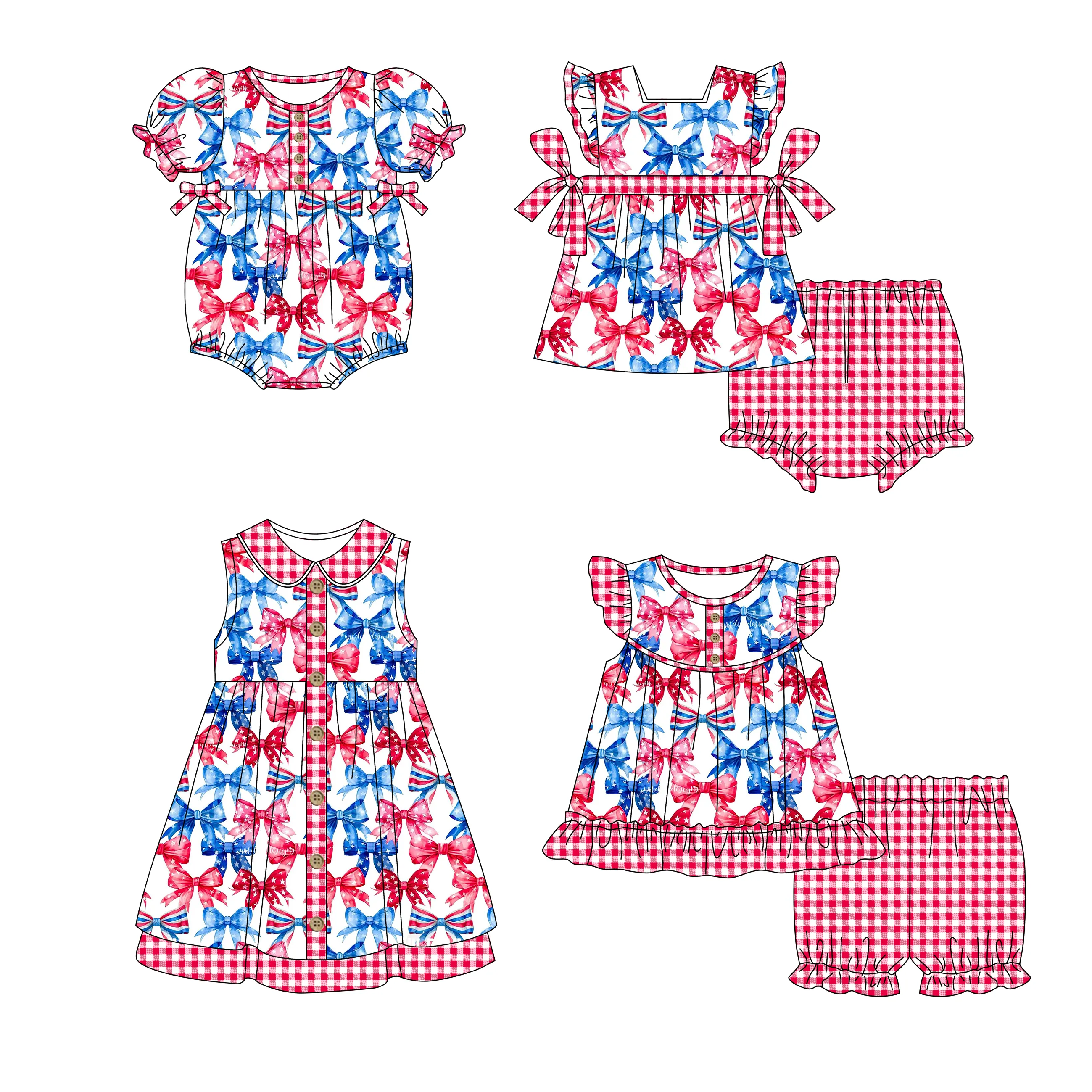 Kleinkinder Jungen Mädchen USA Bögen BLUE rot Outfits Baby Kinder Kurzarm 7. Juli passende Kleidung Großhandel Boutique Sommer-Sets