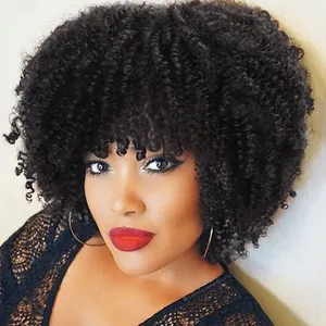 Vendor Cheap Kinky Curly Chinese Natural Heat Resistant Short Afro Curl Costume Pixie Synthetic Wigs with Bang