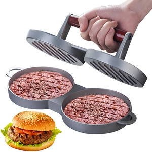 Presse à hamburgers 2-en-1 en aluminium antiadhésif à double plateau avec poignée en bois, outil de barbecue pour la <span class=keywords><strong>maison</strong></span> et la cuisine, pour hamburgers et galettes de <span class=keywords><strong>steak</strong></span> - Product Image 1