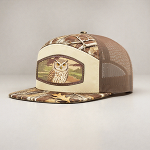 Custom Design Leather Patch Embroidery Logo 7 Panel <strong>Hats</strong> Flat Brim Mesh Trucker <strong>Hat</strong> Digital Printing Animal Camo Snapback Caps - Product Image 1