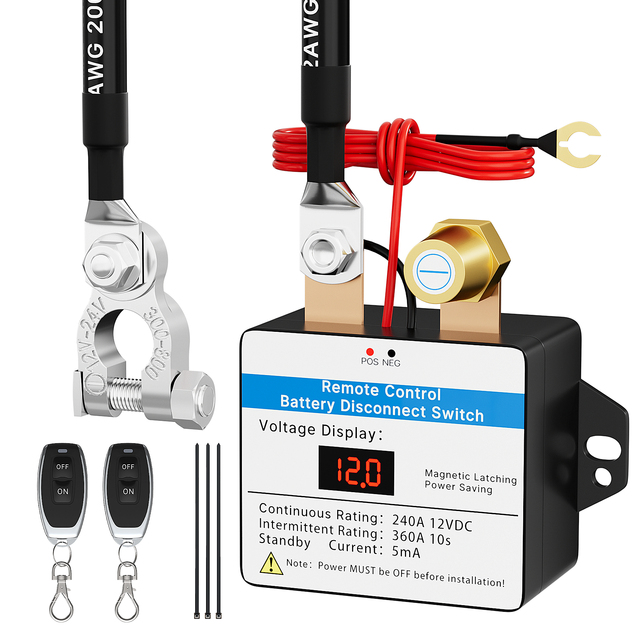 Wireless Remote Control Car Battery Disconnect Switch 12v 360A Smart Anti-Theft Kill Switch with Led Voltmeter and Relay Fobs