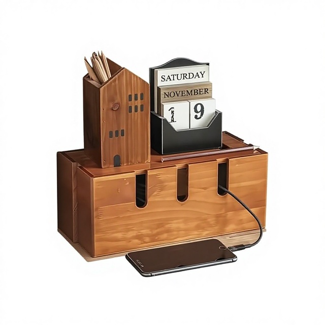 Hot Selling Good Quality Solid Wood Modern Rectangle Office Organizer Power Cord Socket Storage Box