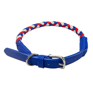 カスタム犬の首輪調節可能な織りラウンドロープレザーPUウォーキングトレーニング犬の首輪ペットウォーキング製品