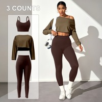 Ensemble de vêtements de sport pour femmes, soutien-gorge de sport sans couture, leggings push-up et haut court à manches longues, ensemble de vêtements de yoga actif en trois pièces