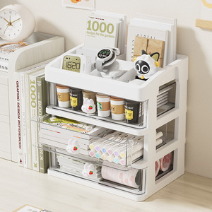 Desktop <b>Storage</b> Box <b>Drawer</b> Type White And Pink <b>Stackable</b> With Lid Compartments For Kids Stationery Organizing - Product Image 2