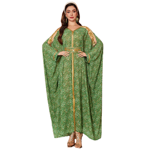 Robe longue en mousseline de polyester verte ZF4134 ZHENFU, manches longues, longueur cheville, taille unique, élégante, broderie, patchwork perlé, dentelle - Product Image 1