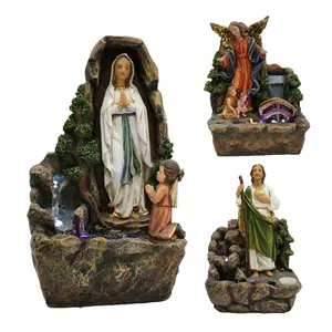Custom Resin Indoor Tabletop Led Mary Water Fountain Catholic Religious Nativity Waterfall Fountain