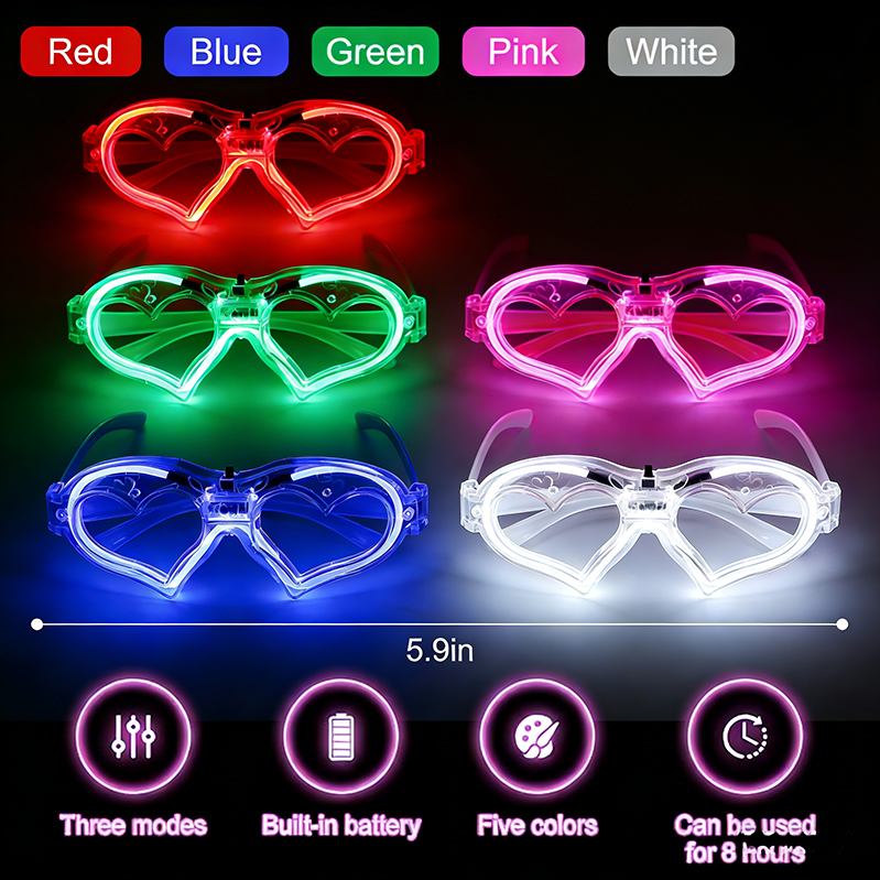 LED Heart-shaped Cold Light Glasses Graduation Party Customizable Colors Durable Comfortable Wear High Quality Portable Battery