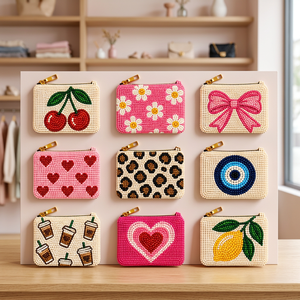 Colección de Monederos de Cuentas Coloridos, Bolsas con Cremallera de Cuentas de Semillas, con diseños de Cereza, Margarita, Lazo, Corazón, Nazar, Café, Limón, Hechos a Mano, Venta al por Mayor, Regalo - Product Image 1