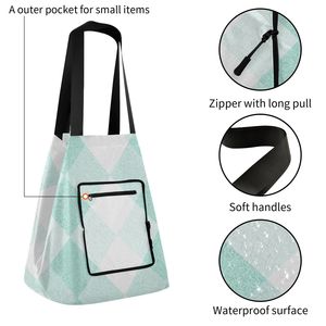 Bolsa de Mano Personalizada de Nailon, Color Blanco Menta, con Diseño de Diamantes, Bolsillo con Cremallera, para Compras y Promoción Comercial - Product Image 2
