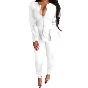 Solid Color Stiff Ruffle Long Sleeve Zipper <b>Top</b> Long Pants Women's Casual 2 Piece Set Fashion - Product Image 5