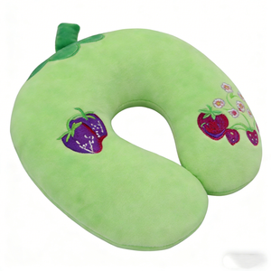 Green Plush <b>Neck</b> Pillow With Strawberry Embroidery For Kids 2-4 Years Unisex Travel Support <b>Cushion</b> - Product Image 1