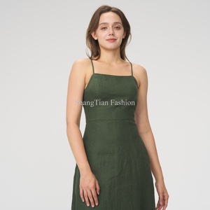 Vestidos de Lino Elegantes y a la Moda para Mujer, con Tirantes Finos, Color Verde con Bolsillo, Vestido de Verano - Product Image 4